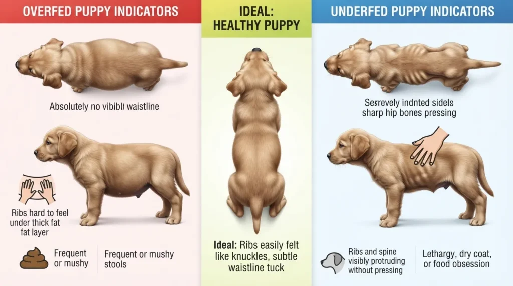 Infographic showing visual body condition signs and stool quality comparisons of an overfed vs underfed puppy.