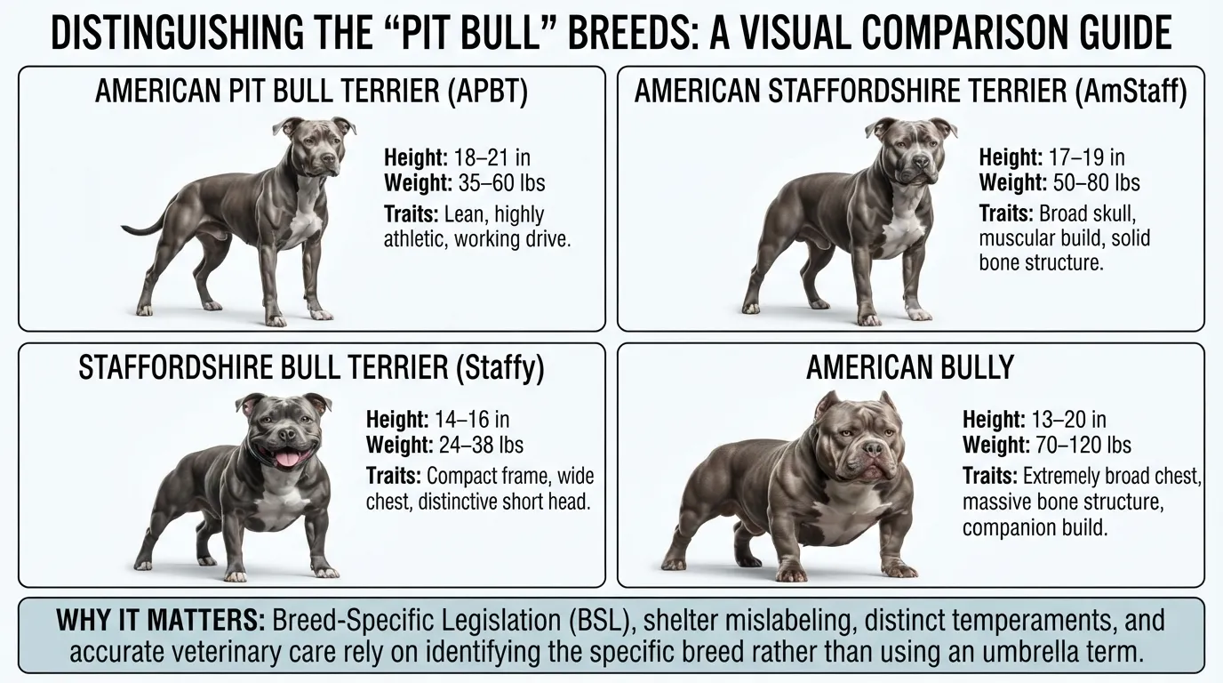 Infographic side-by-side comparison of distinct bully breeds often grouped under the term Pit Bull, including the American Pit Bull Terrier, American Staffordshire Terrier, Staffordshire Bull Terrier, and American Bully.