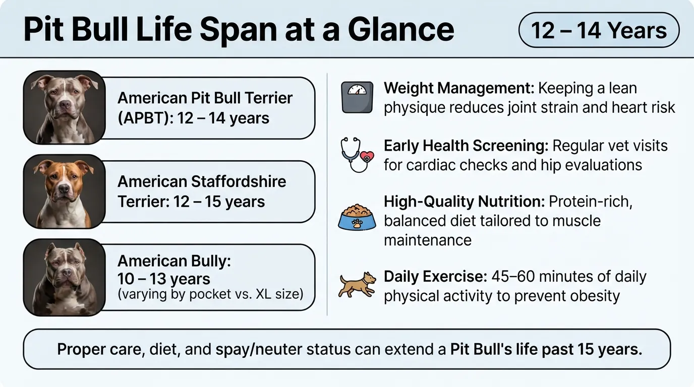 Infographic summarizing Pit Bull lifespan averages, showing 12 to 14 year expectancy range across APBT, Staffy, and American Bully breeds along with top longevity factors.