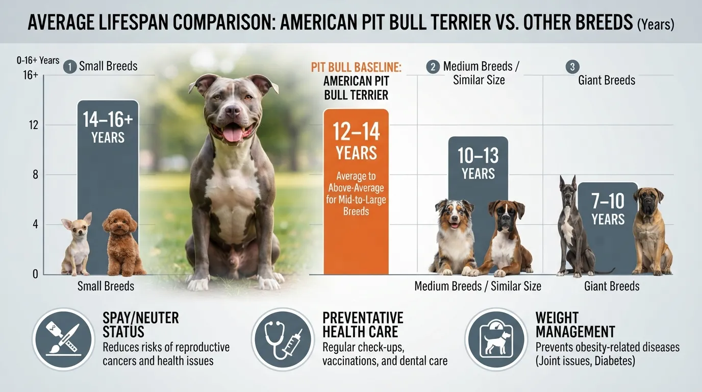 Infographic chart comparing the average lifespan of Pit Bulls against small, medium, giant, and similar-sized dog breeds.