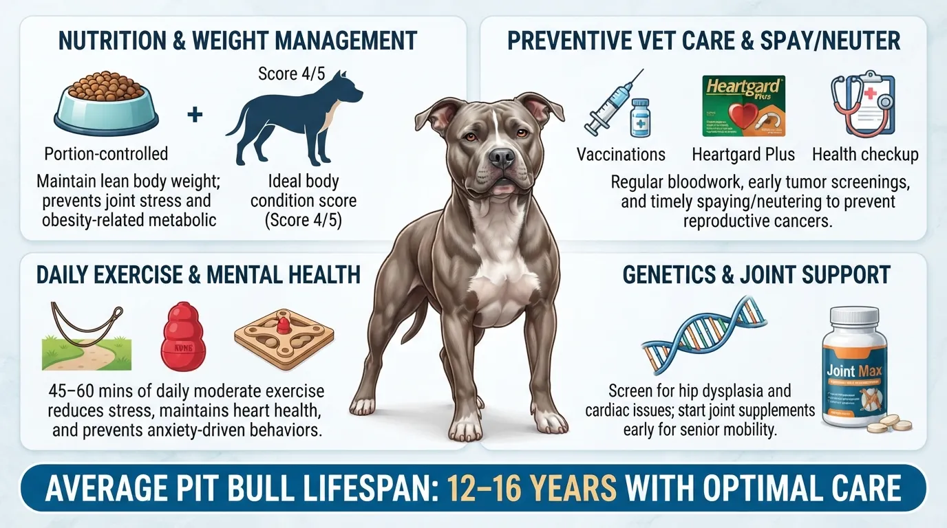 Infographic illustrating key factors affecting Pit Bull lifespan including diet, exercise, genetics, and preventive vet care, with actionable tips to increase longevity.