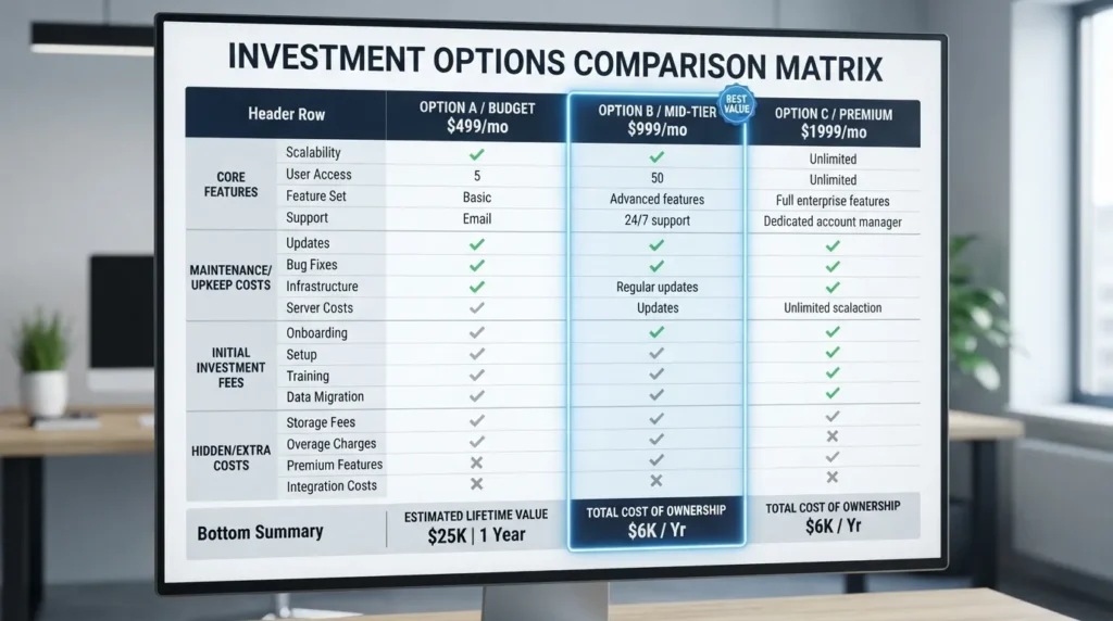A clean side-by-side price comparison table comparing costs, features, and value across different tier options.