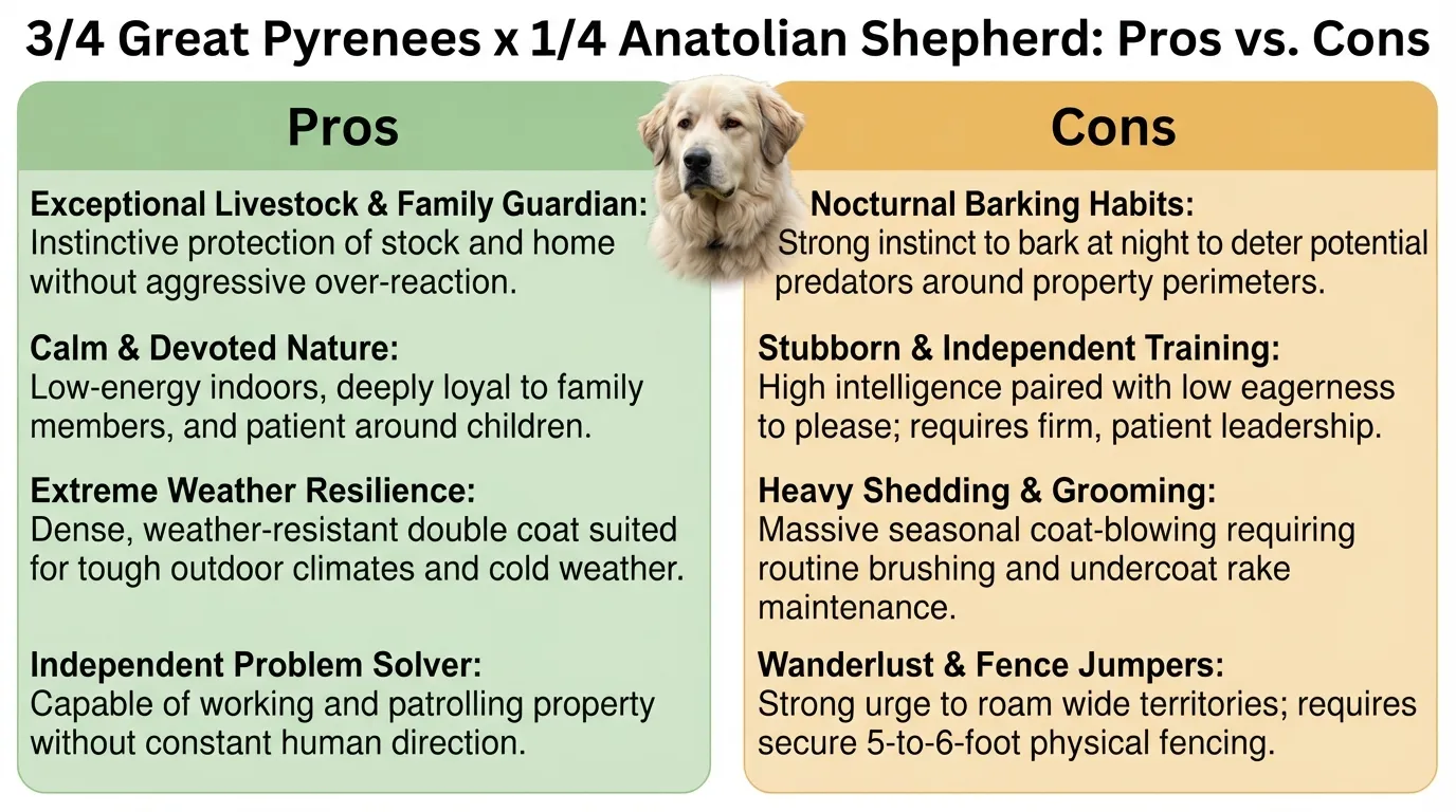 Infographic breakdown displaying the pros and cons of owning a 3/4 Great Pyrenees 1/4 Anatolian Shepherd mix dog.