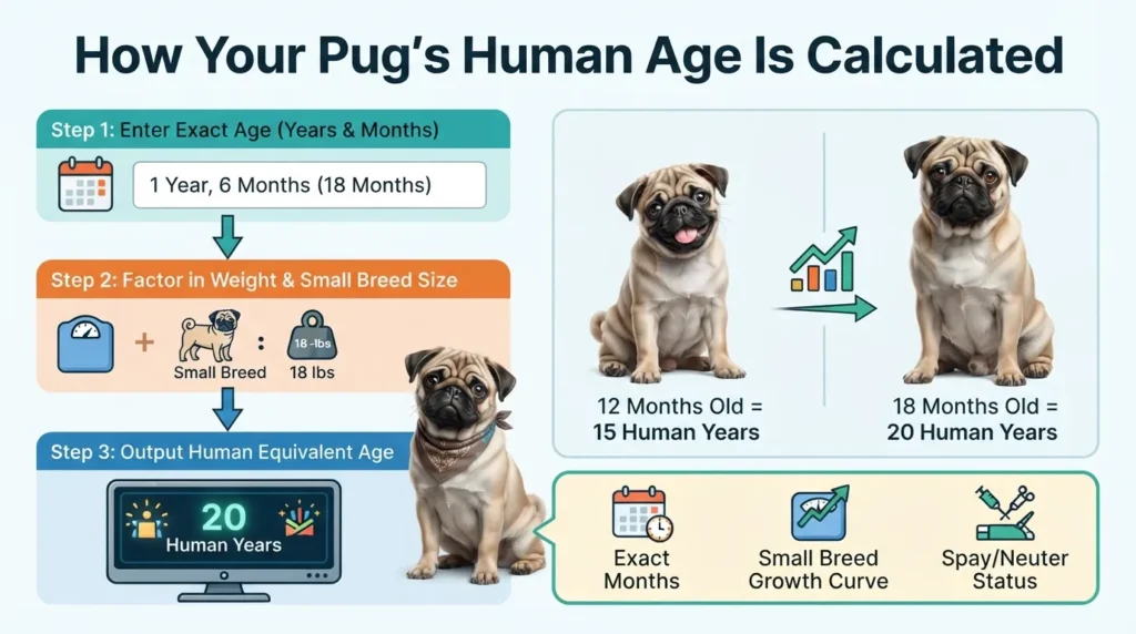 Infographic showing a step-by-step formula and factors used to calculate a Pug's exact age in human years.