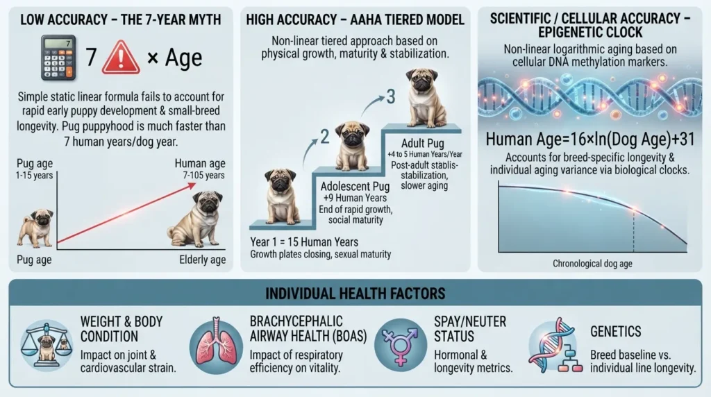 Infographic comparing Pug age chart accuracy across the traditional 7-year rule, AAHA small-breed tiered model, and UC San Diego DNA methylation scientific formula.