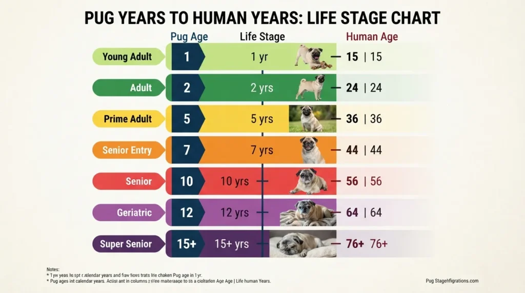 Comprehensive Pug age chart comparing Pug years to human years across key life stages from puppy to senior