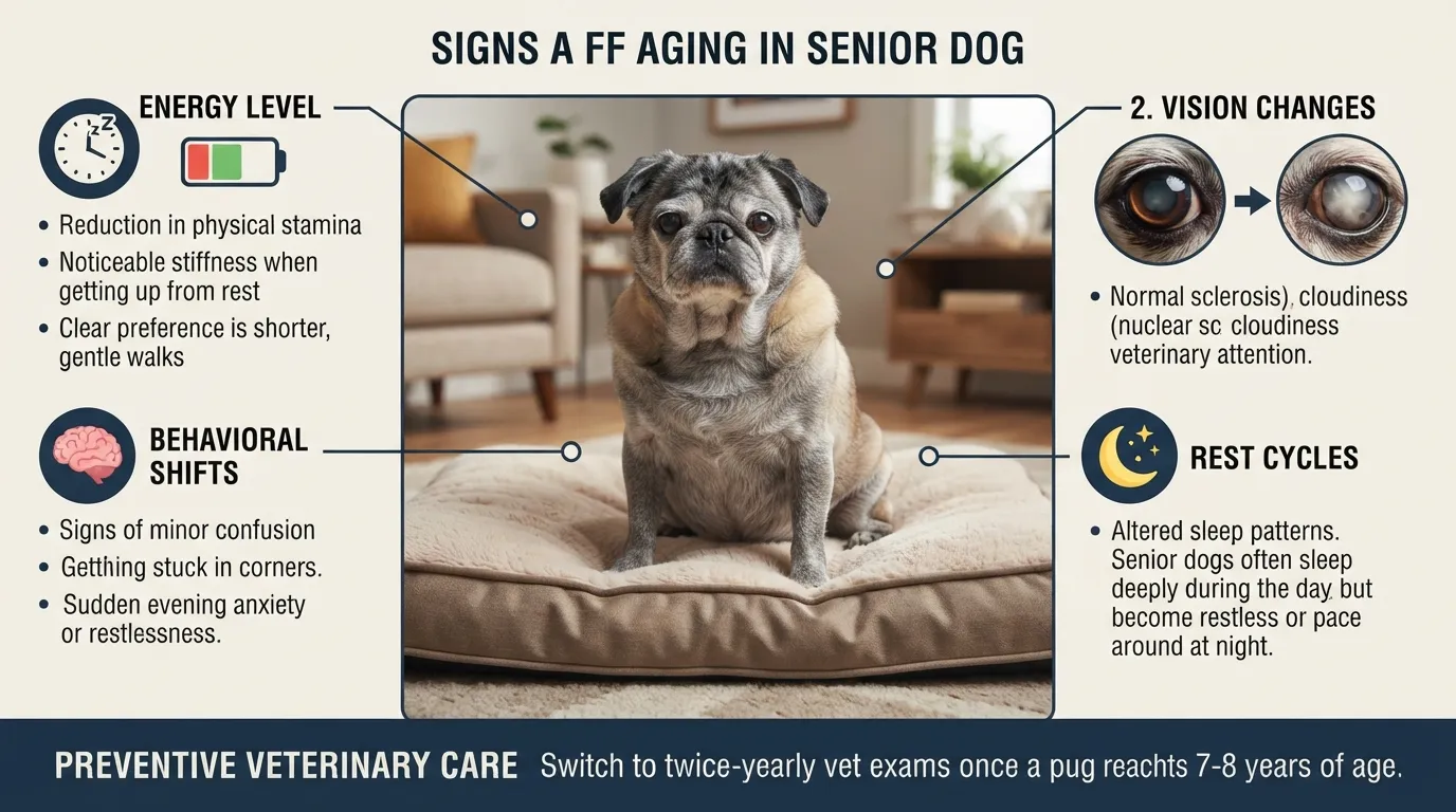A comprehensive infographic chart highlighting the key physical and behavioral signs of aging in senior pugs, including low energy, cloudy eyes, changes in sleep patterns, and signs of cognitive confusion.