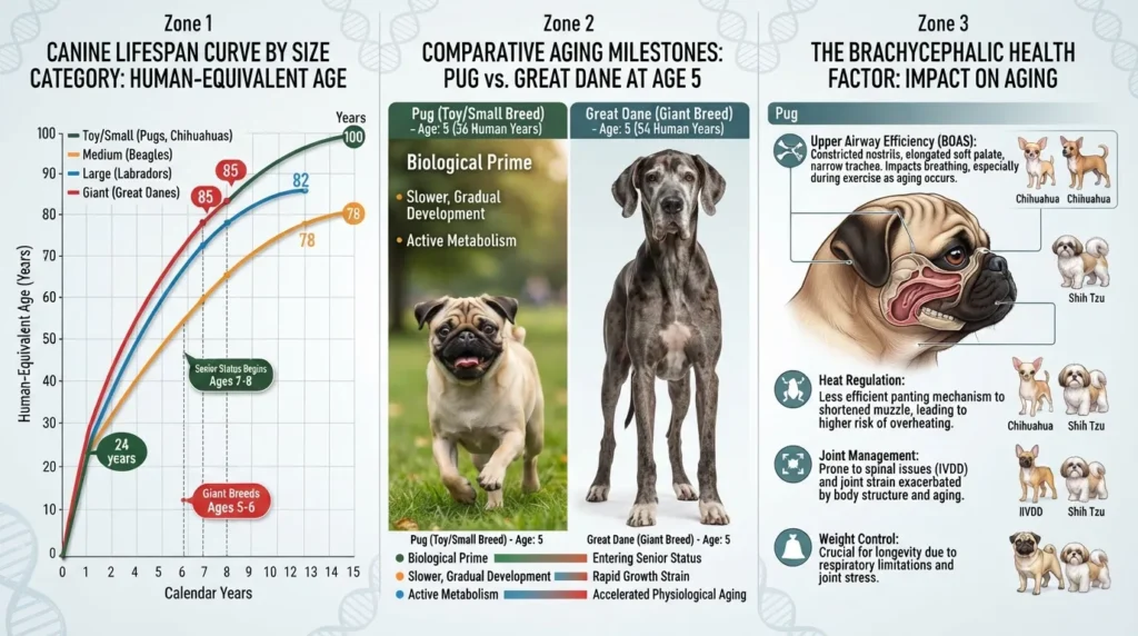 Comparison chart showing how Pugs age compared to small, medium, and large dog breeds, highlighting lifespan differences and brachycephalic health factors.