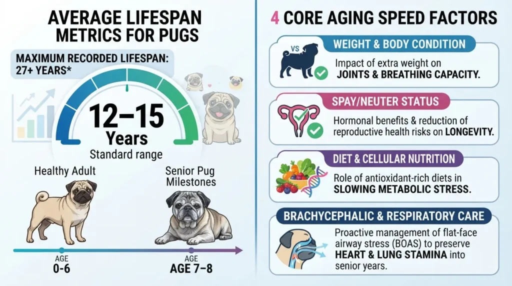 Infographic chart showing average Pug lifespan of 12 to 15 years alongside key lifestyle and biological factors that affect how fast Pugs age.
