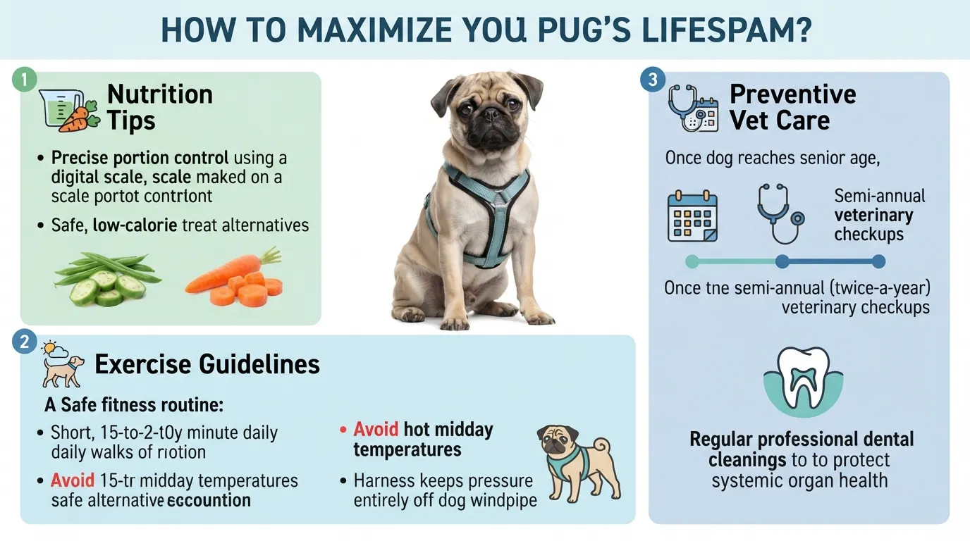 A comprehensive infographic detailing health, diet, and veterinary care strategies to extend a Pug’s lifespan, featuring a healthy fawn Pug.