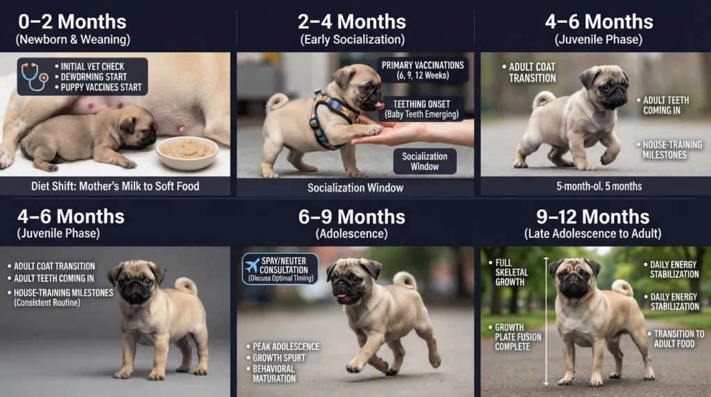 Infographic showing a Pug puppy's growth stages from 0 to 12 months, detailing key milestones like weaning, teeth development, socialization, and adult height.