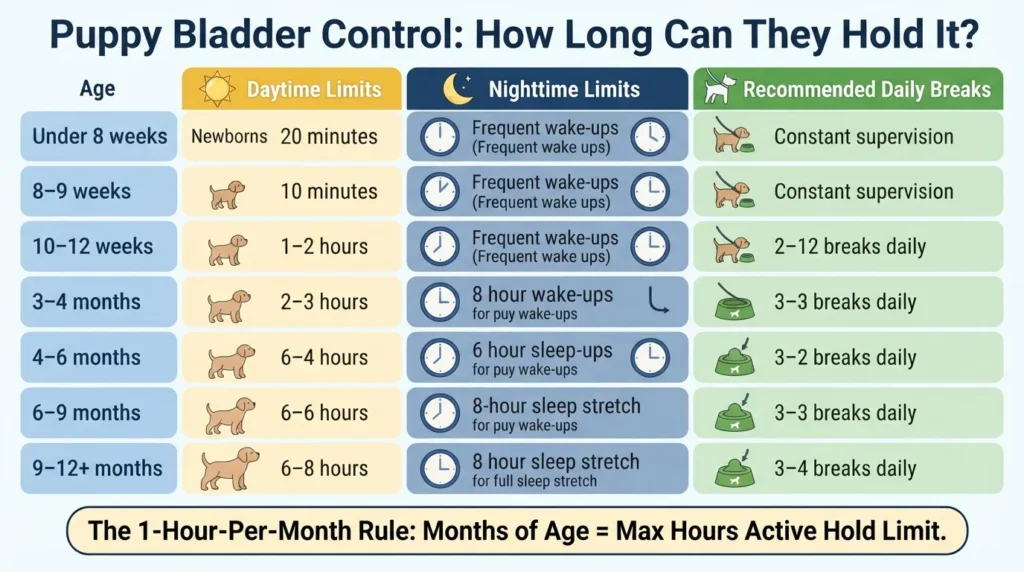 Detailed chart illustrating how long a puppy can hold their pee by age, comparing daytime versus nighttime hold times and recommended potty break frequency.