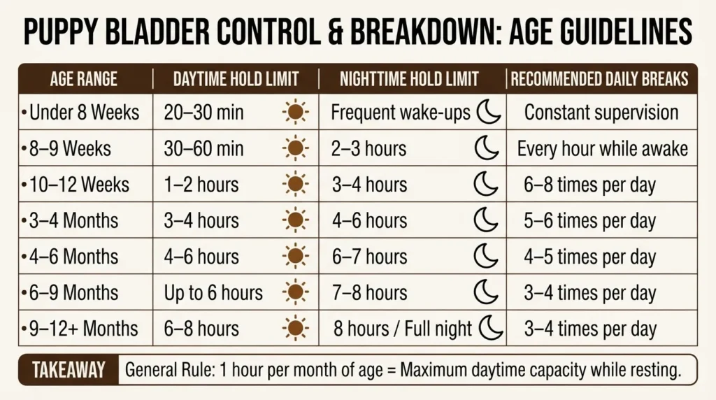 Infographic chart illustrating puppy bladder holding capacity in hours and recommended daily potty breaks by age from 8 weeks to 12 months.