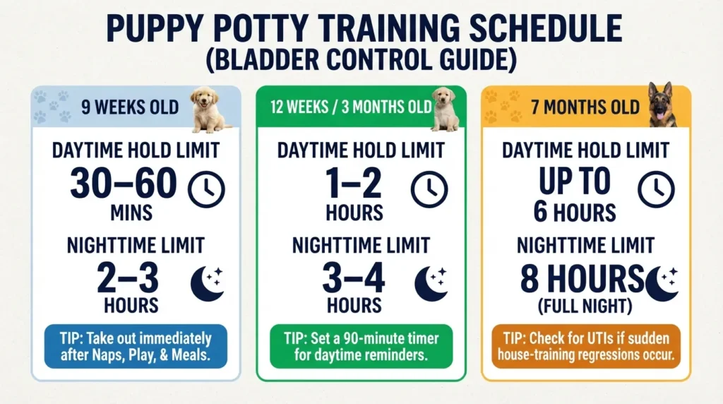 Infographic chart displaying quick answers for puppy bladder control limits, night vs. day pee schedules, and outdoor potty break frequencies at 9 weeks, 12 weeks, and 7 months old.