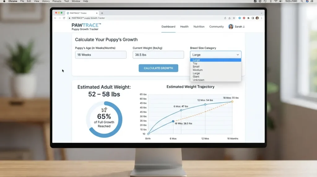 Interactive puppy growth calculator interface showing age in weeks, current weight input, breed size category selection, and estimated adult weight output range.