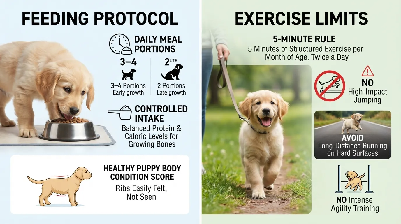 A side-by-side comparison infographic illustrating proper feeding portions and daily exercise limits for a growing puppy during the growth phase.