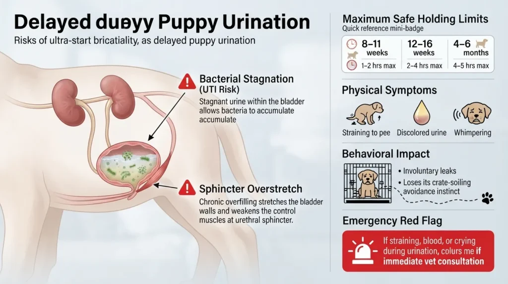 An informative medical diagram showing the safety risks of a puppy holding urine too long, highlighting urinary tract infections, weakened bladder muscles, and behavioral stress signs.