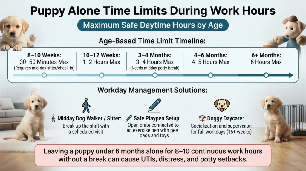 Infographic chart showing how long puppies can stay home alone during work hours by age, from 8 weeks up to 6 months.