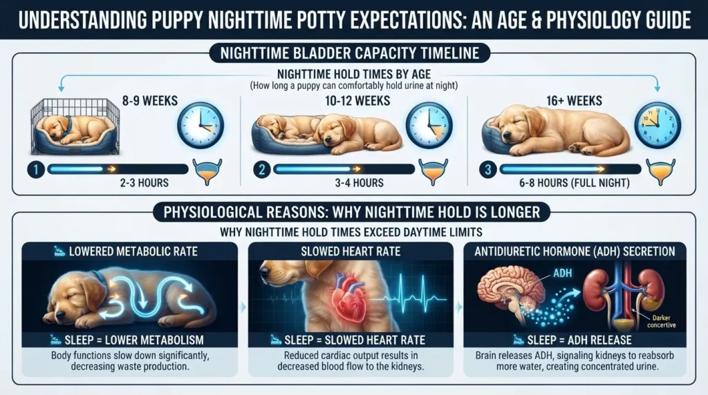Infographic chart illustrating how long puppies can hold their bladder at night by age, showing nighttime sleep capacity from 8 weeks to 12 months.