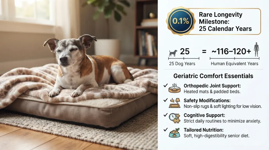 An ultra-senior small dog resting comfortably on an orthopedic bed alongside a visual infographic showing real 25-year-old dog record milestones and geriatric comfort care tips.
