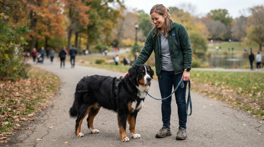 Real dog owner walking an adult Greater Swiss Bernese mix on a suburban trail, displaying real-world size, coat appearance, and calm giant-breed behavior.