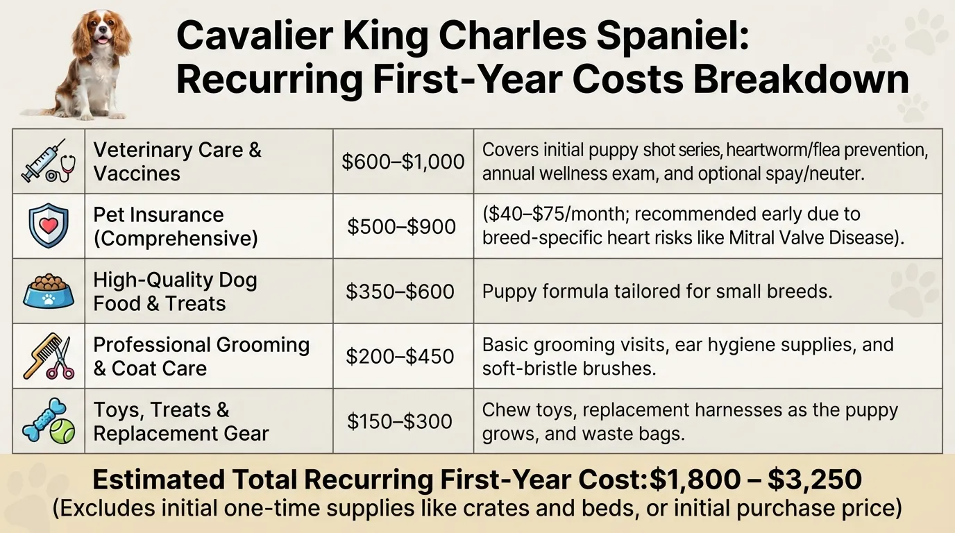 High-contrast infographic breakdown displaying the average recurring first-year costs for a Cavalier King Charles Spaniel, detailing veterinary care, food, pet insurance, grooming, and routine supplies.