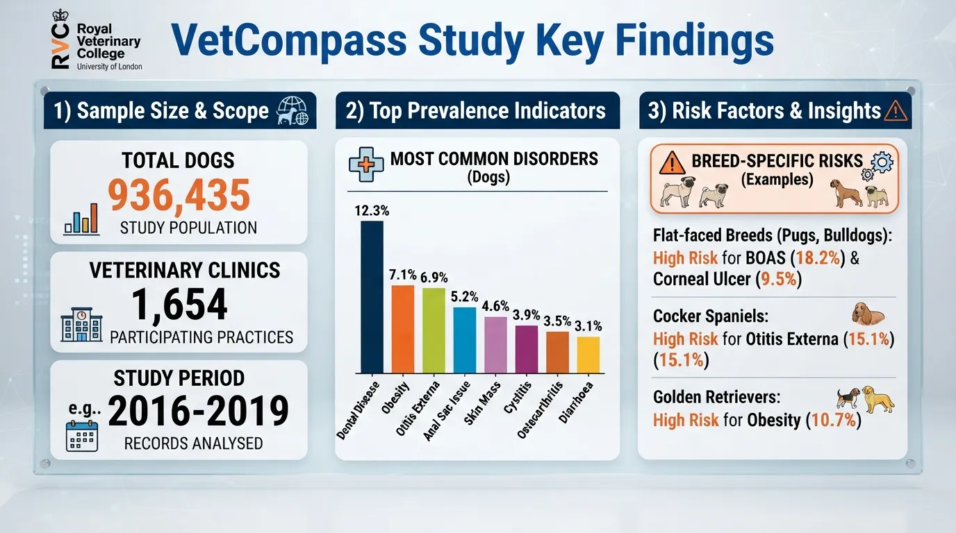 Infographic summarizing key findings and data points from the Royal Veterinary College (RVC) VetCompass companion animal research study.
