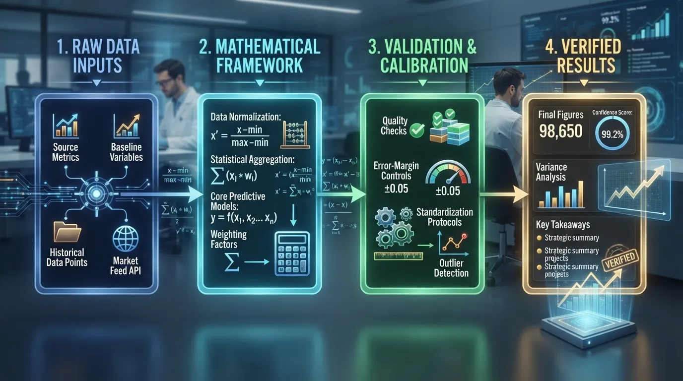 An infographic diagram illustrating the step-by-step mathematical logic and data validation process behind statistical calculation results.