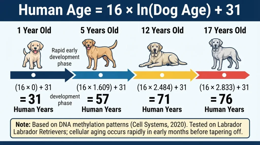 Diagram showing the UC San Diego DNA methylation aging formula Human Age equals 16 times the natural logarithm of Dog Age plus 31, with age examples for a 1, 2, 5, and 17-year-old dog.