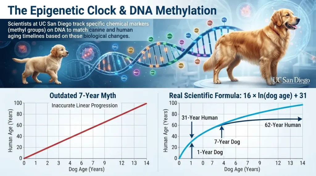 A detailed scientific comparison chart illustrating the UC San Diego epigenetic clock formula for calculating dog years to human years compared to the traditional 7-year rule.