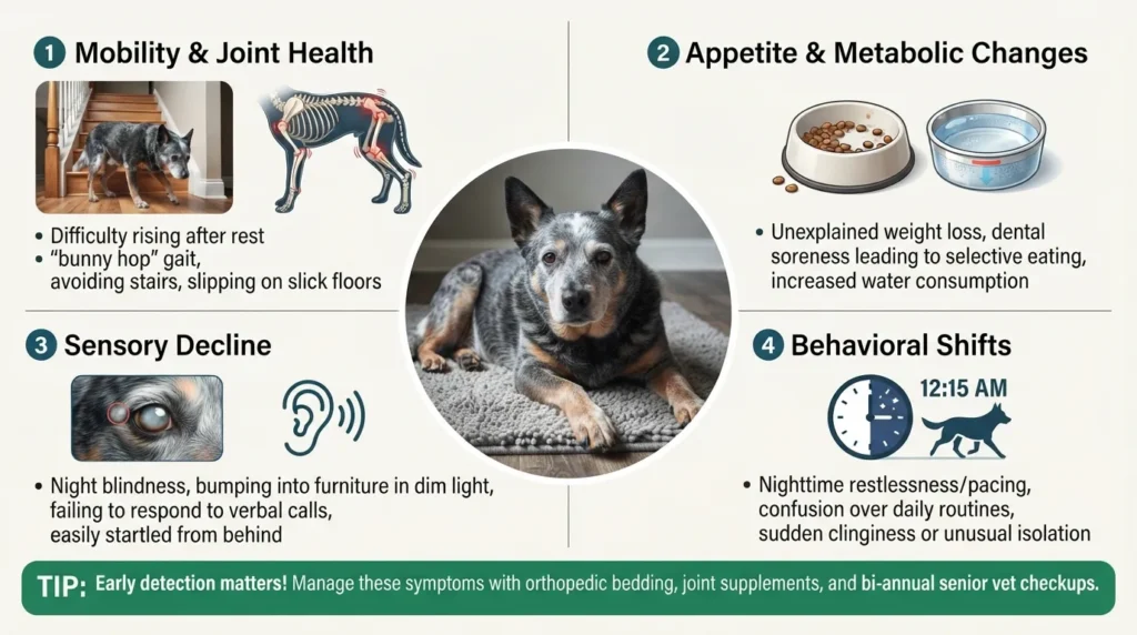 An infographic checklist illustrating four key signs of health decline in a senior Blue Heeler, including mobility changes, appetite shifts, sensory loss, and behavioral shifts.
