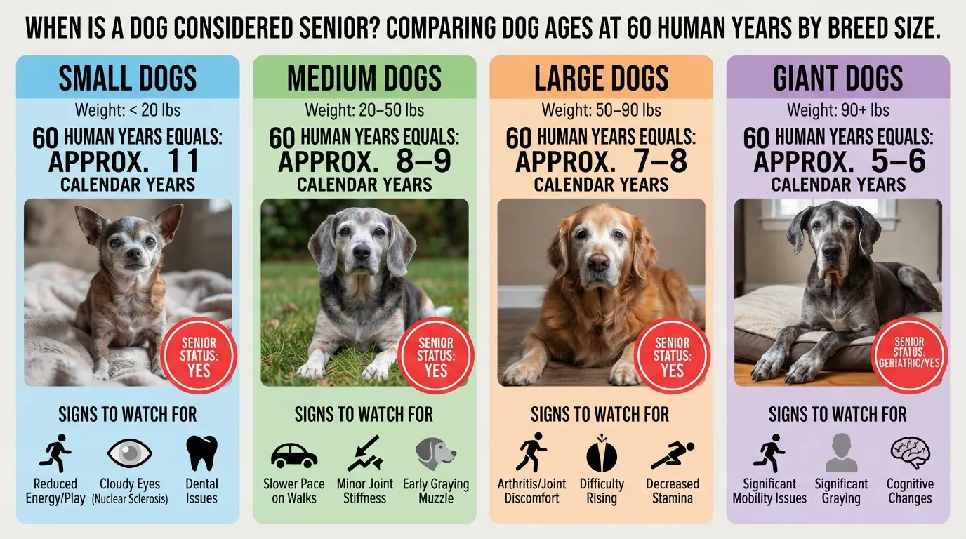 Comparison chart showing four dog size categories—small, medium, large, and giant—defining whether 60 human years (7 to 11 calendar years) classifies a dog as a senior.