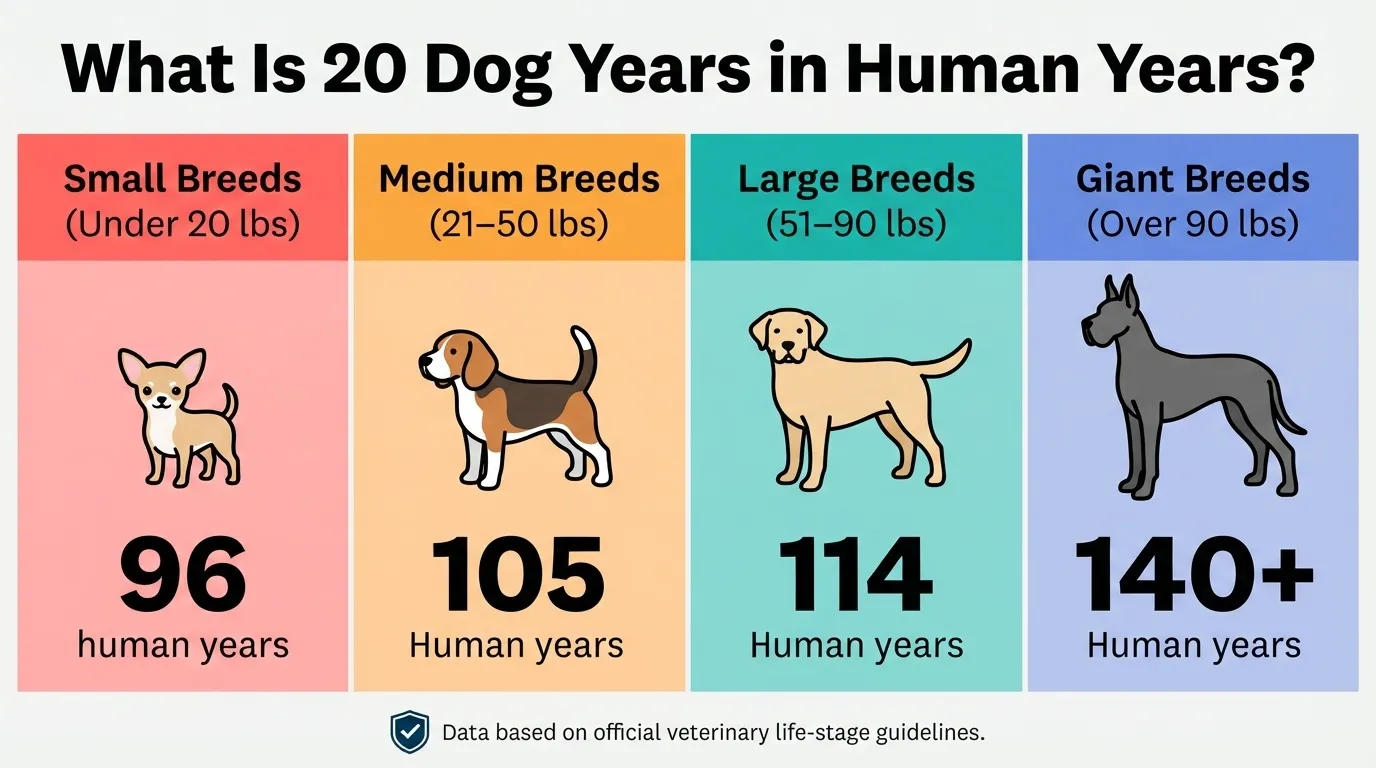 An infographic titled 'What Is 20 Dog Years in Human Years?' showing the conversion for small breeds (96 human years), medium breeds (105 human years), large breeds (114 human years), and giant breeds (140+ human years) based on veterinary life-stage guidelines.
