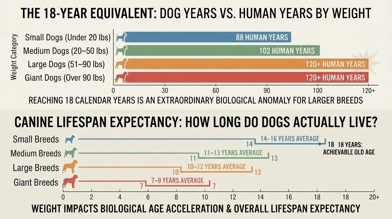 An infographic detailing the 18-year equivalent of dog years versus human years based on weight category, alongside average canine lifespan expectancies for small, medium, large, and giant breeds.