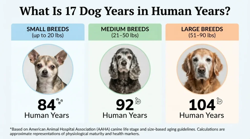 An infographic chart displaying what 17 dog years equals in human years: 84 years for small breeds, 92 years for medium breeds, and 104 years for large breeds.