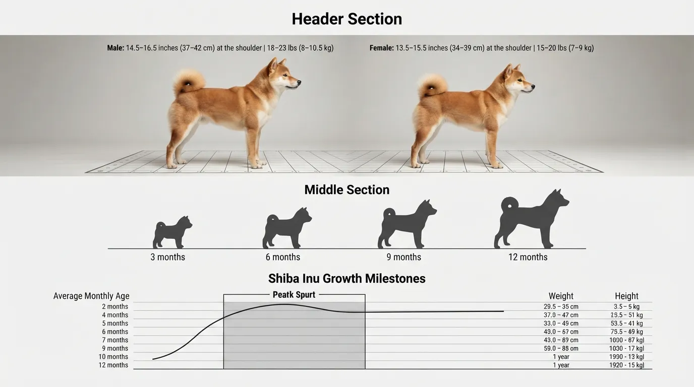 A complete Shiba Inu growth chart comparing male and female adult sizes (height and weight) alongside a puppy-to-adult growth progression timeline from 3 months to 12 months.