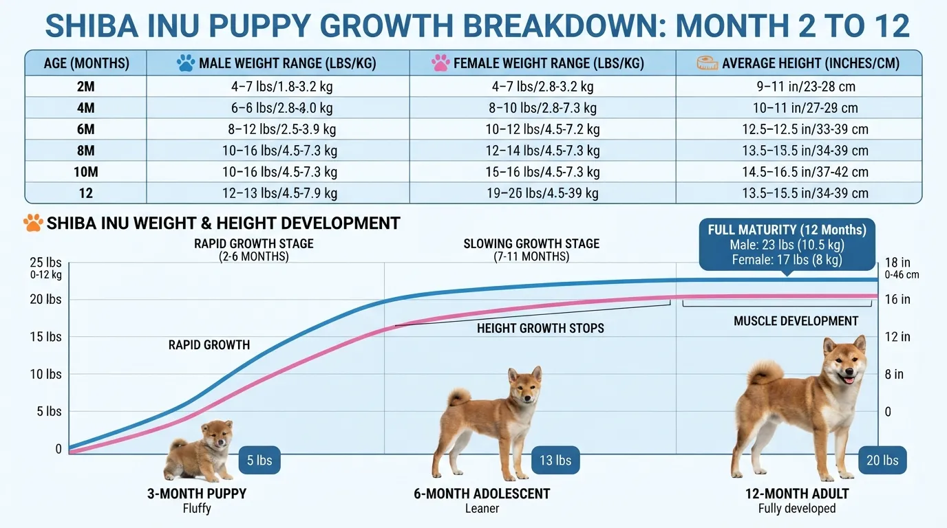 Month-by-month Shiba Inu growth chart comparing male and female puppy weight ranges and heights from 2 months to 12 months old.