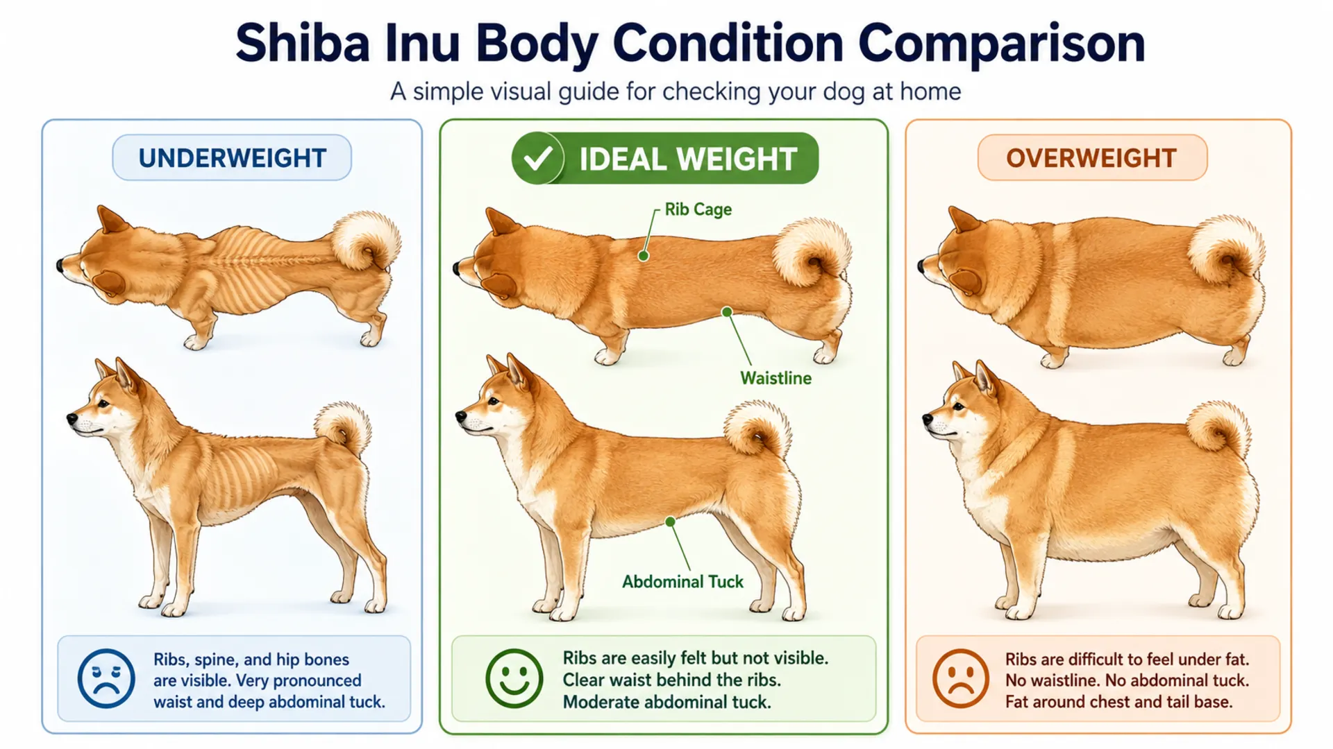 Side-by-side visual body condition score chart showing an underweight, ideal weight, and overweight Shiba Inu from top and profile views.