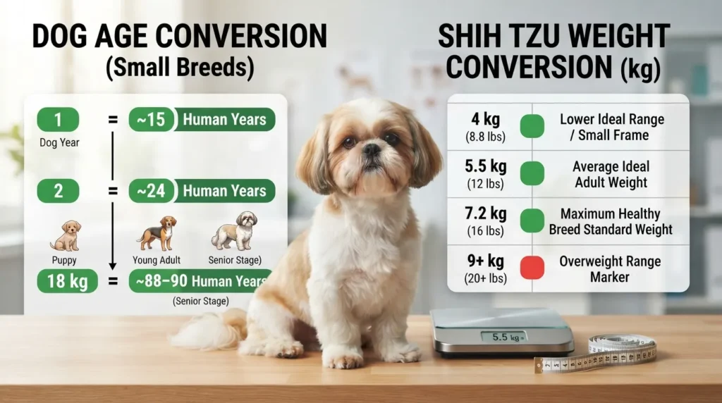 Infographic chart showing Shih Tzu age converted from dog years to human years alongside common weight conversions in kilograms.