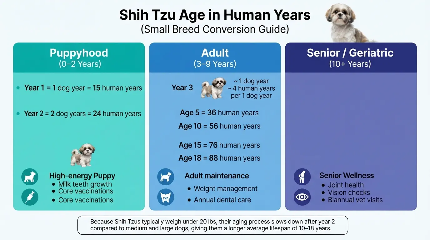 A Shih Tzu age conversion chart comparing dog years to human years across puppy, adult, and senior life stages for small breeds.
