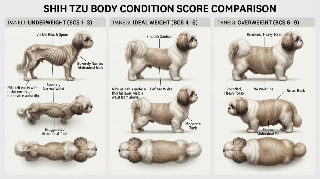 Visual Body Condition Score chart comparing an underweight, ideal weight, and overweight Shih Tzu from top and side views.
