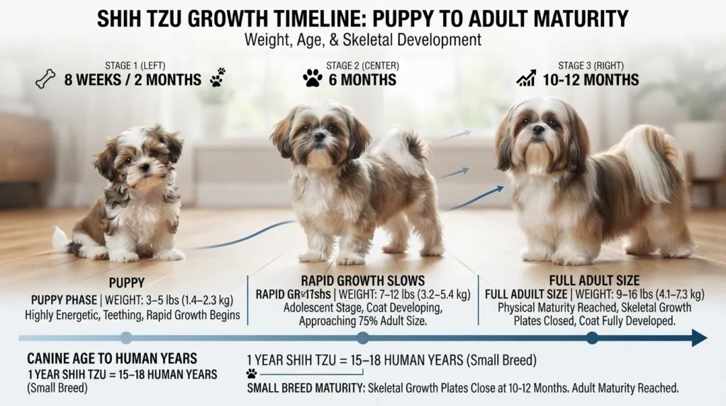 A Shih Tzu growth chart showing age milestones from 2 months to 12 months alongside equivalent dog years to human years.