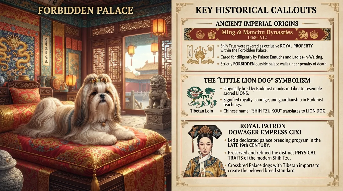 An illustration of a Shih Tzu sitting on a silk cushion inside an ancient Chinese imperial palace alongside historical royalty details