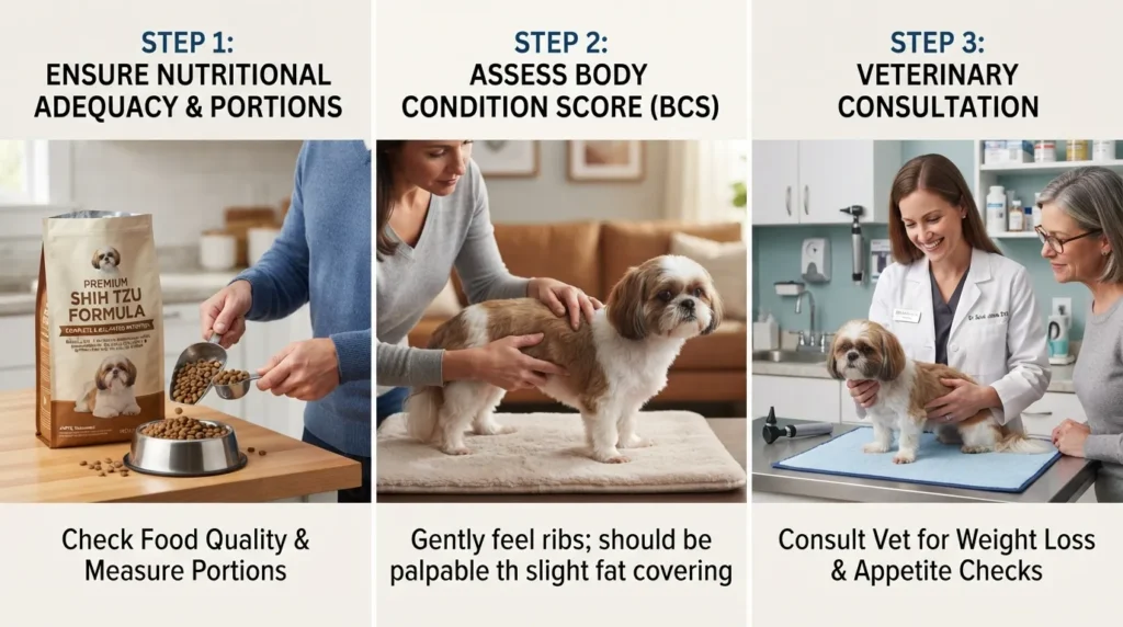 Veterinarian weighing a small Shih Tzu on a scale while checking its ribs for sign of being underweight