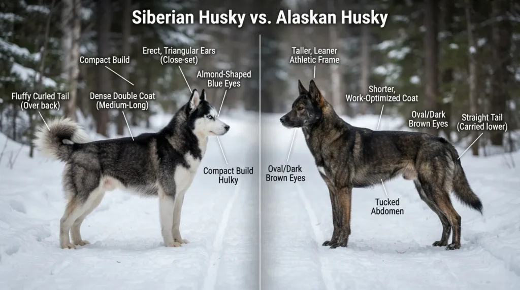 Side-by-side comparison chart showing key physical differences between a purebred Siberian Husky and an Alaskan Husky.