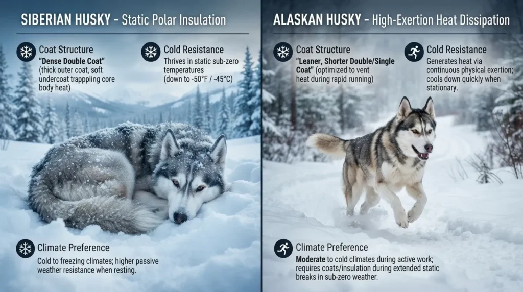Side-by-side comparison illustrating the coat insulation, weather resistance, and ideal climate conditions for Siberian Huskies versus Alaskan Huskies in sub-zero environments.