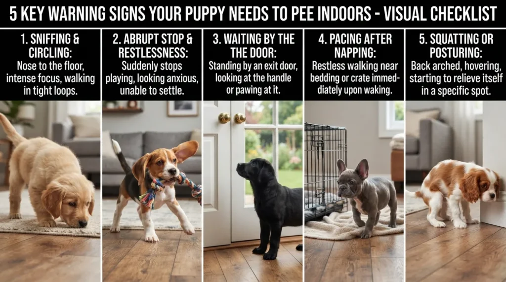 A photo collage illustrating key puppy potty signals, including sniffing the floor, pacing near the door, and sudden stillness during play.