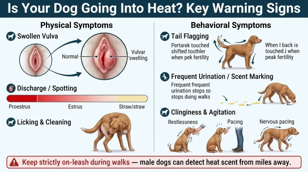 Infographic showing early physical and behavioral signs of a dog in heat, including a swollen vulva, bloody discharge, frequent urination, excessive grooming, and tail flagging.