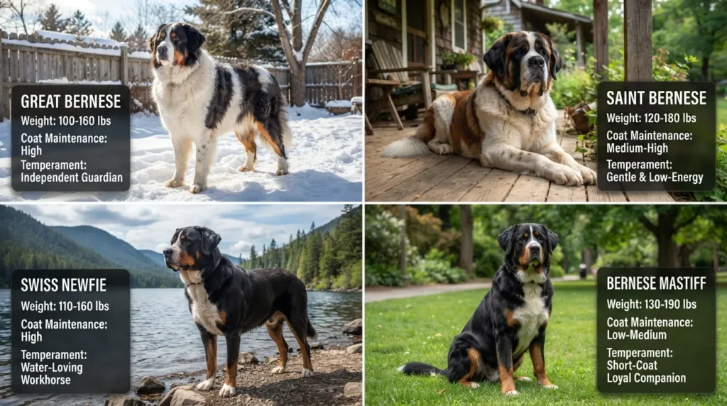 Comparison photo grid showing four giant dog mixes similar to the Greater Swiss Bernese mix: Great Bernese, Saint Bernese, Swiss Newfie, and Bernese Mastiff sitting outdoors.