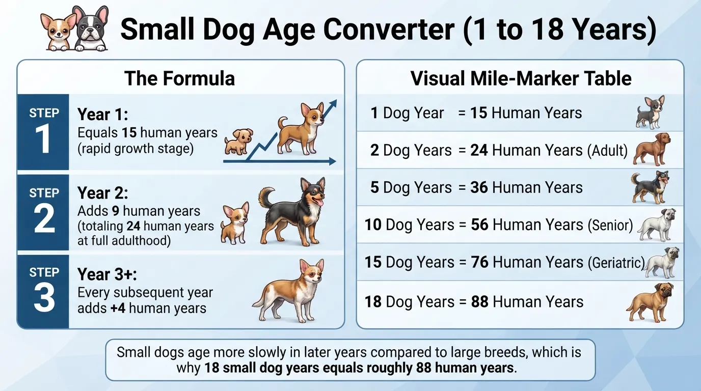 Comparison chart and formula showing how to calculate a small dog's age in human years, from age 1 to 18.
